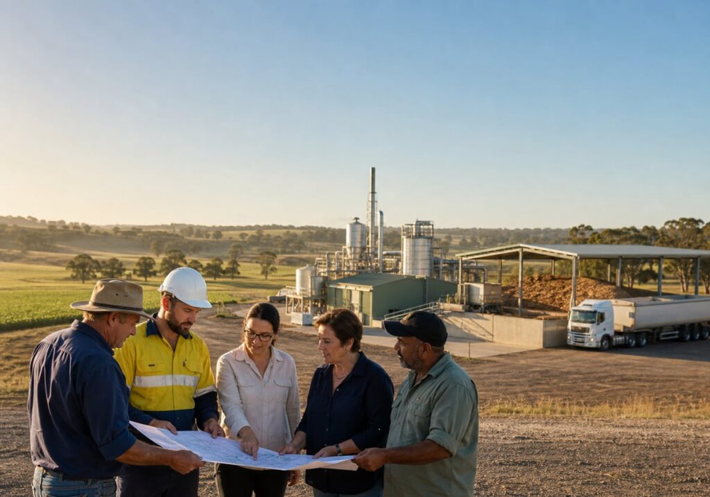 Regional team reviewing a green fuels project, representing local participation, lasting jobs and community trust